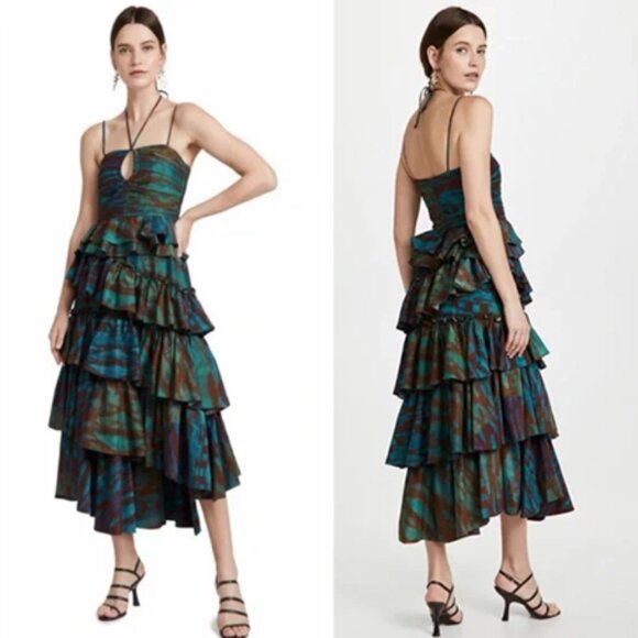 Ulla Johnson Zenat Tiered Asymmetric Ruffle Silk Gown in Emerald 12 - Picture 2 of 10